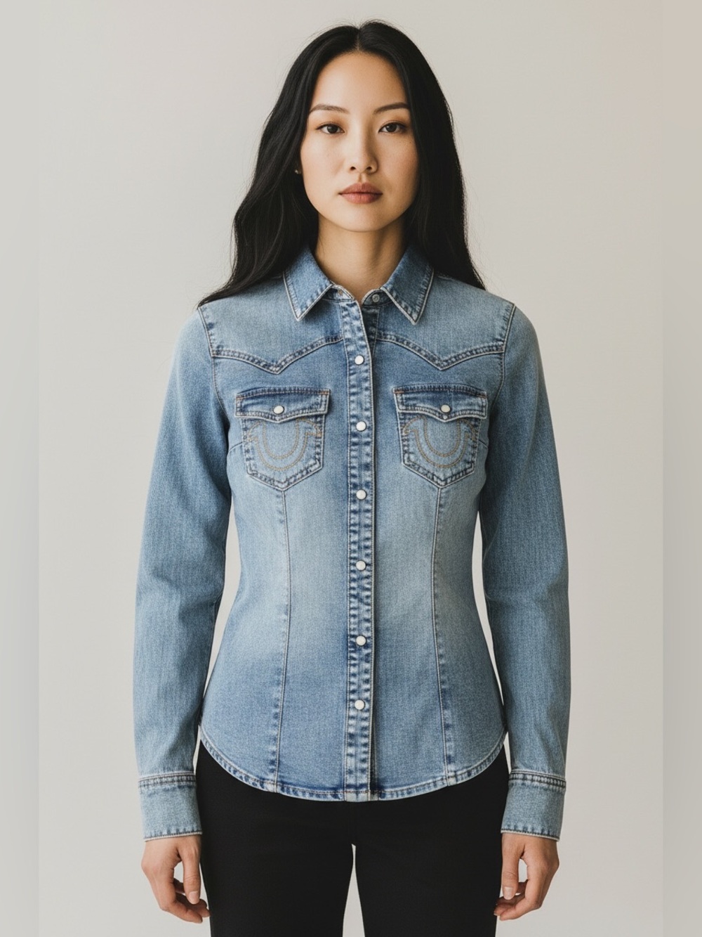 True Religion Women’s Western Denim Light Odyssey Blue Shirt Sz Small NWT